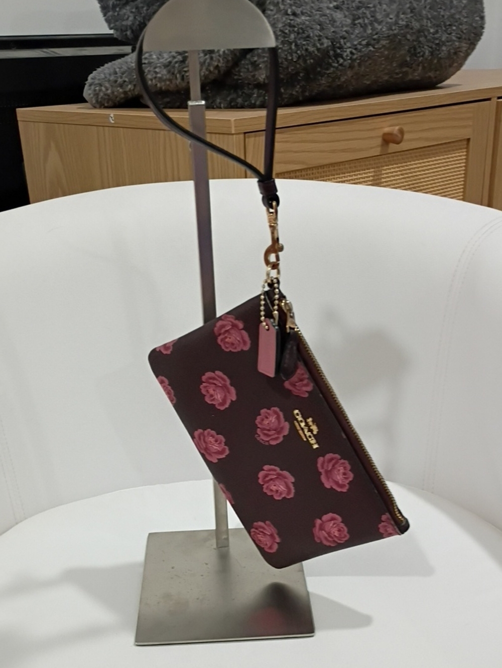 Coach Burgundy Wristlet Clutch with Removable Strap And Pink Rose Print